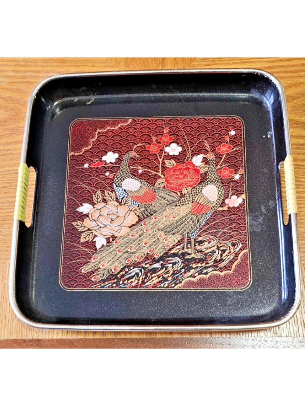 Vintage Japanese Black Laquer Tray Gold Red Flowers Peacock Oriental 10x10 In.